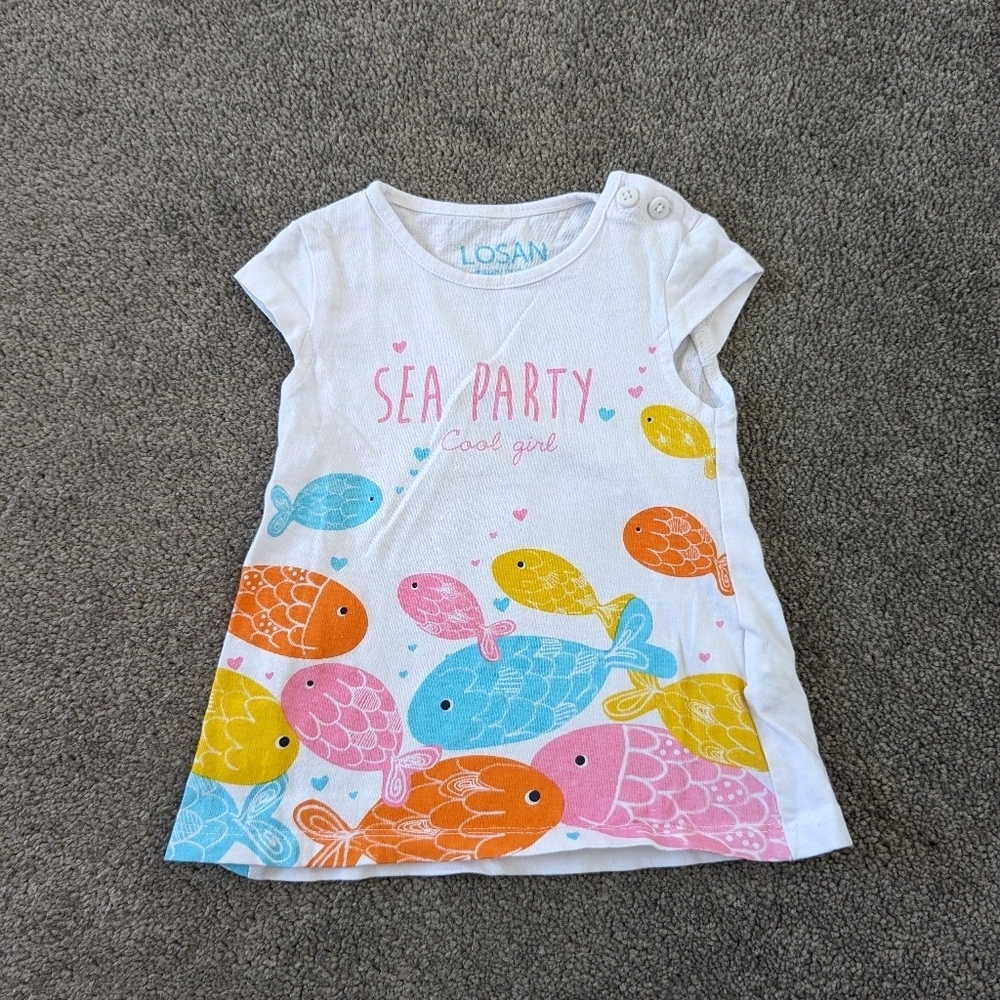 Losan Girl's White Sea Party Tunic Top with Colorful Fish Print, Size 6-9 Months